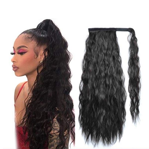 

synthetic wigs corn wavy long ponytail hairpiece wrap around clip in hair heat resistant black pony tail fack