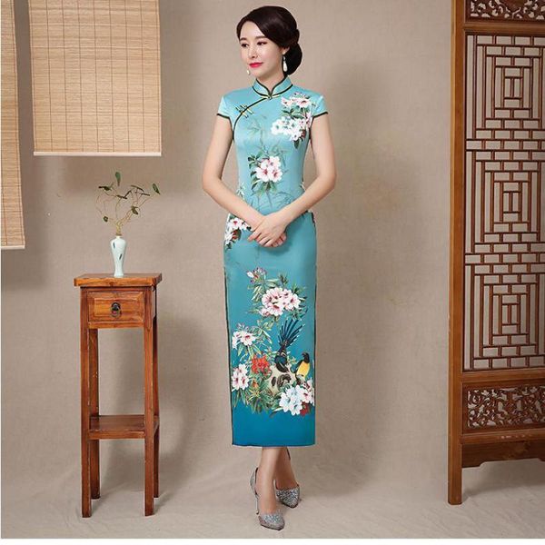

ethnic clothing lady rayon qipao high split cheongsam plus size 3xl-4xl evening party dress gown chinese floral mandarin collar vestido, Red
