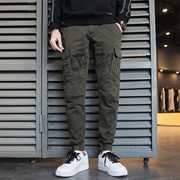 

2021 new streetwear men's multi pockets slim fit casual male track joggers trousers fashion harajuku men pants yns7, Black