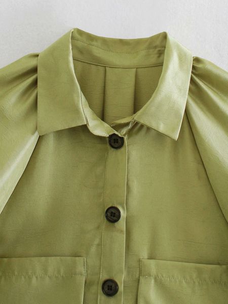 

2021 new woman green midi pleated design lantern es short sleeve button blouses in5a, White