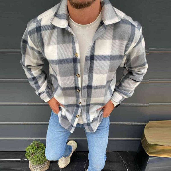 

men's casual shirts 2022 fashion printed buttoned wool coat men loose turn-down collar coats mens fall vintage plaid outerwear streetwe, White;black