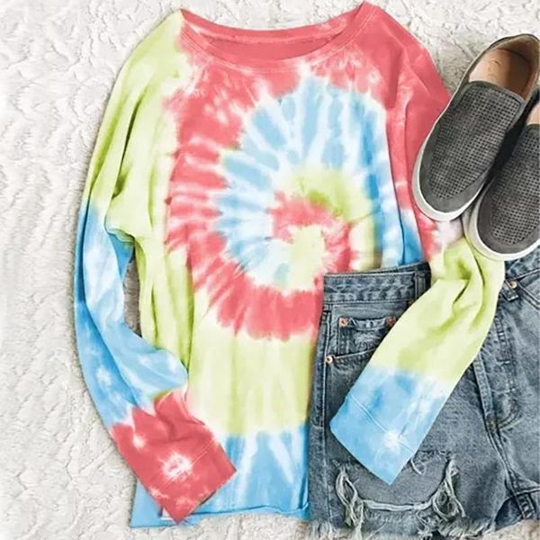

women's hoodies & sweatshirts women casual o neck long sleeve tie dye swirl print loose blouse female clothes plus size, Black
