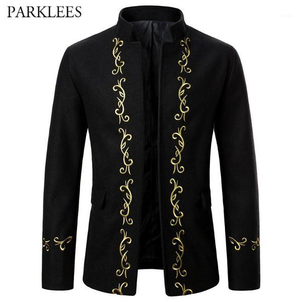 

men's trench coats gold embroidery coat men stand collar mens woolen cardigan jackets casual slim fit party stage costume homme black, Tan;black