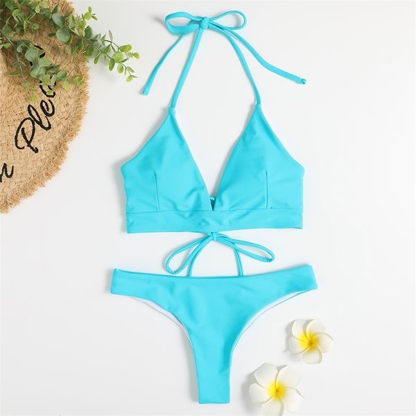 Badeanzug Sexy Tanga Bikinis Frauen Gepolsterte Badeanzug Solide Brazilian Swimwear Blau Zwei Stück Gelb Sommer Beachwear 210722