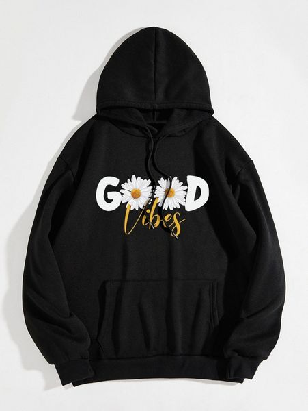 

letter & floral print kangaroo pocket drawstring thermal hoodie 76oc#, White;black