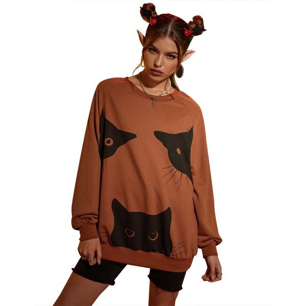 

women's hoodies & sweatshirts sweatshirt cute cat loose long sleeve o-neck pullover pullovers christmas casual women, Black