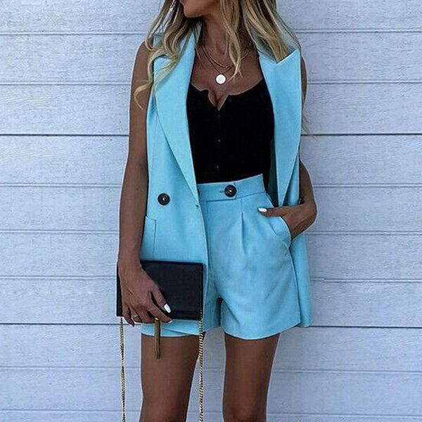 

two piece dress blazer women suit set vest office wear coat long sleeve cardigan shorts wide leg summer lapel buttons, White