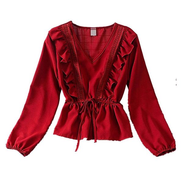 

women's blouses & shirts drawstring sash ruffles women blouse v-neck lace patchwork vintage blusa 2021 spring summer solid slim fashion, White