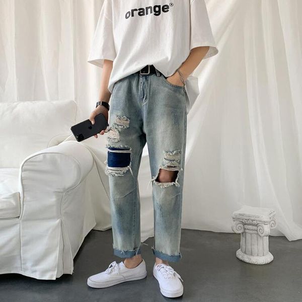 

men's jeans fashion holed summer korean loose and versatile youth trend straight casual pants, Blue
