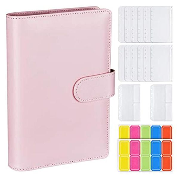 

a6 pu ring binder,6 round rings notebook binder 14pcs plastic zippered envelopes pockets,with label stickers