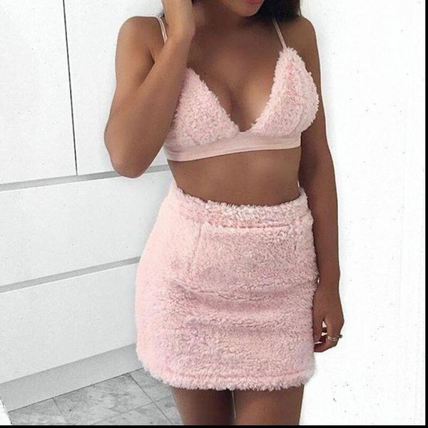 

autumn winter backless camis shirt crop plush short mini skirt two piece set pink suit pencil skirts female clothing, Gray
