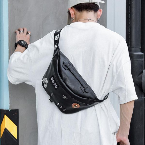 

outlet men handbag street trend rivet punk shoulder bag mens fashion leather chest bags outdoor leisure leathers back cycling handbags