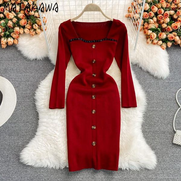 

casual dresses matakawa autumn woman dress korean elegant square collar long sleeve high waist slim vestidos single breasted solid, Black;gray