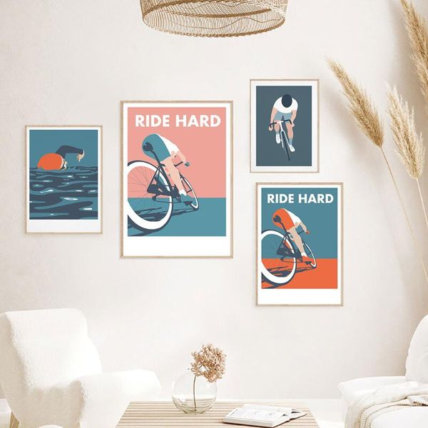 

paintings sports swimming cycling poster art prints ride hard gym stadium canvas painting mid century modern triathlon wall pictures decor