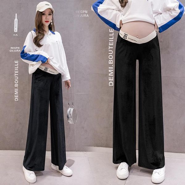 

autumn thin velour maternity full long pants low waist belly trouers clothes for pregnant women wide leg loose pregnancy, White