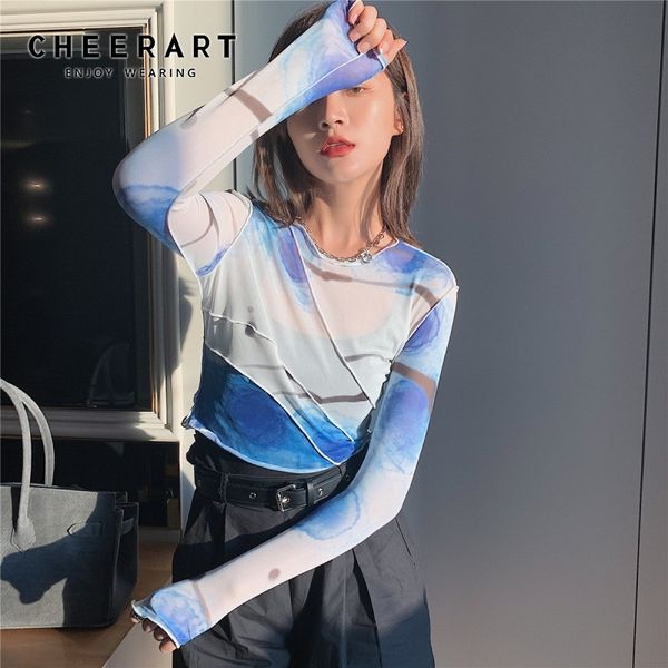 CHEERART Maglia Crop Top Manica Lunga T Shirt Donna Maglietta Stampata Vedere Attraverso Bianco Signore Stretto Top Patchwork 2021 Moda 210306