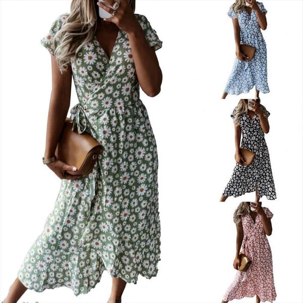 

v neck wide hem vintage women dress floral printing beach, Black;gray