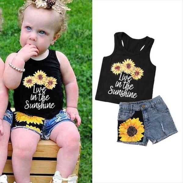 

wholesale 1-6y summer toddler kids baby girls clothes sleeveless vest sunflower denim shorts outfits 2pcs, White