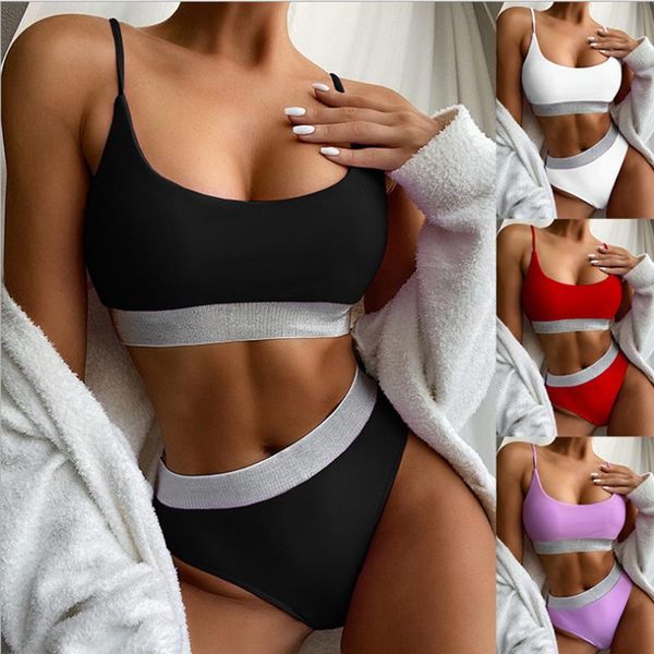 

women solid color swimsuit high waist bikini set push up swimwear beachwear female bathing suits split swimming suit