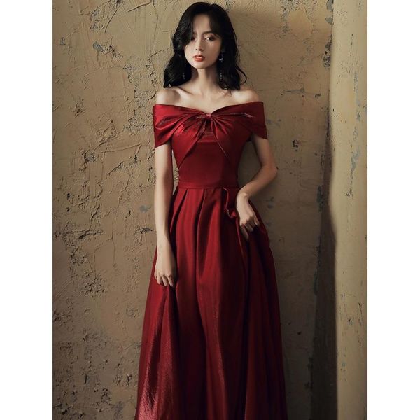 

ethnic clothing women elegant burgundy satin off-shoulder prom party dresses a-line evening toast, Red