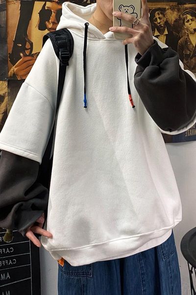 

men's jackets nice stitching sleeve hoodie male hip-hop casual hooded sweater couple autumn and winter white black pullover men, Black;brown