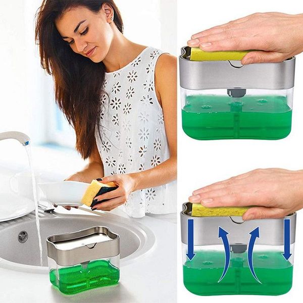 

liquid soap dispenser kitchen manual press with washing sponge bathroom organizer household cleaning tool