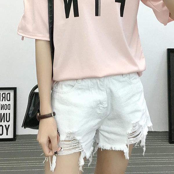 

ailegogo new summer streetwear women high waist hole black denim shorts casual female wide leg white jeans shorts, White;black
