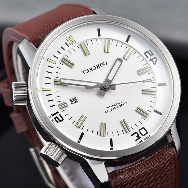 

corgeut 44.5mm white dial mens automatic brand luxury date rubber strap sport luminous waterproof mechanical watch men, Slivery;brown