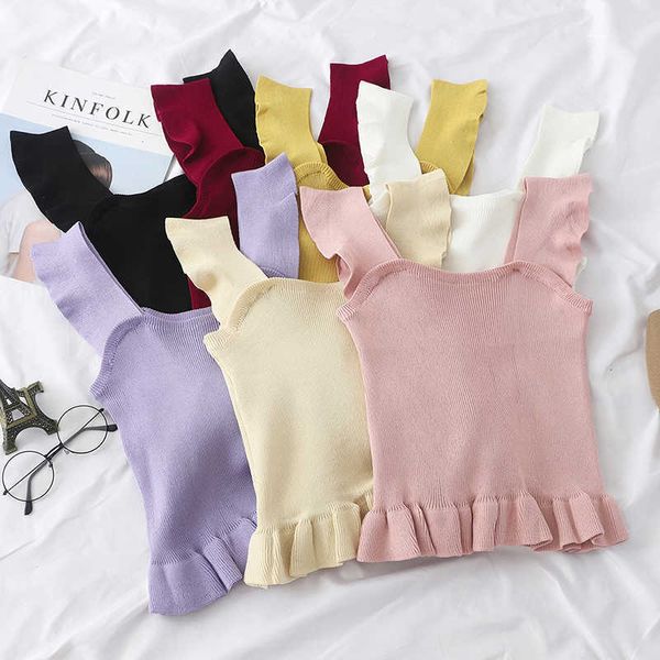 

fashion cute women tank slim sleeveless ruffle solid color summer female w110 210526, White