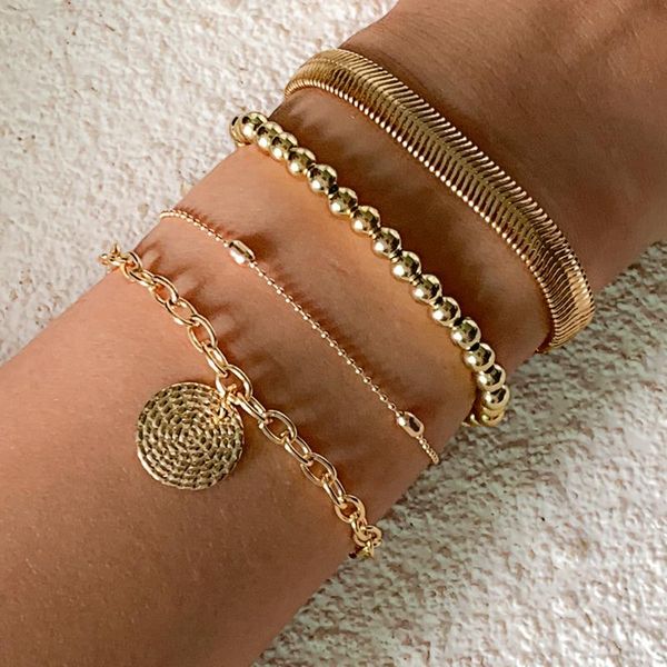 

charm bracelets ingesight.z 4pcs/set kpop chunky thick chain bangles multi layered carved coin pendant women beads bracelet jewelry, Golden;silver