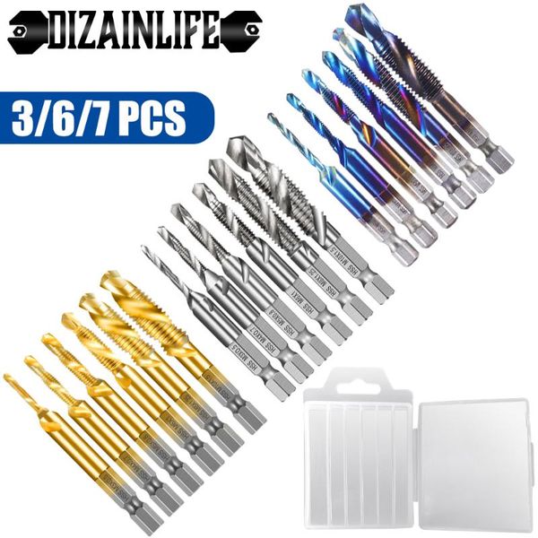 

hand tools hss thread metric tap drill bits set hex shank titanium plated combination screw machine compound m3 m4 m5 m6 m8 m10