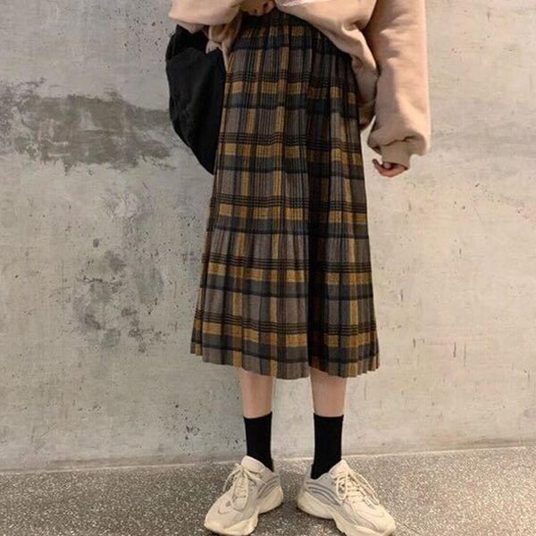 

skirts autumn winter vintage wool pleated plaid skirt for women student sweet harajuku long a-line mujer, Black
