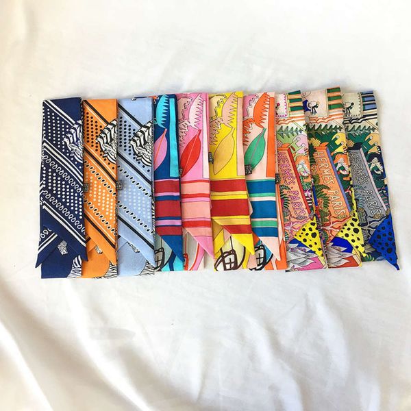

2021 spring new fashion printed bow tie ribbon mulberry twill double layer 5 * 85 silk scarf hairband, Blue;black