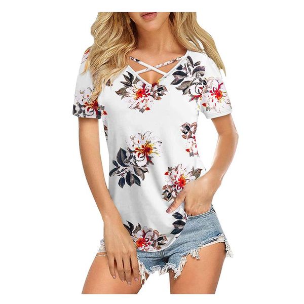 

women's t-shirt women v-neck floral print casual loose pullover short sleeve jacquard slim lady clothing camisetas de mujer, White