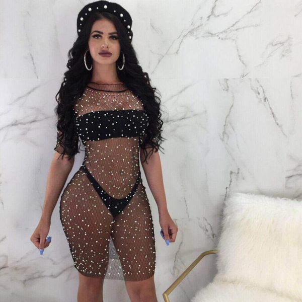 

women's swimwear women bikini cover up dress mesh fishnet swimsuit half sleeve bathing summer beachwear, White;black