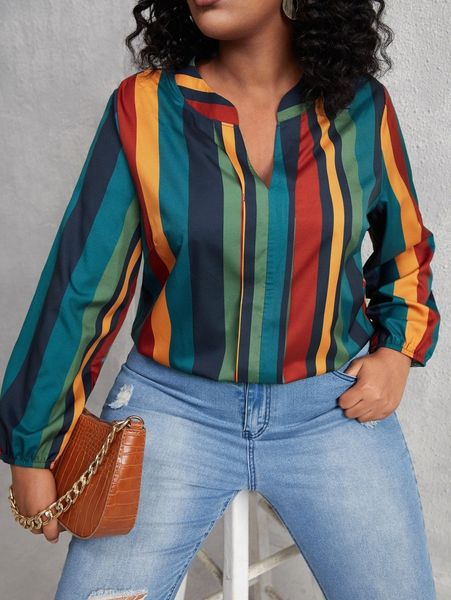 

plus block striped notched neckline blouse c7qd#, Black
