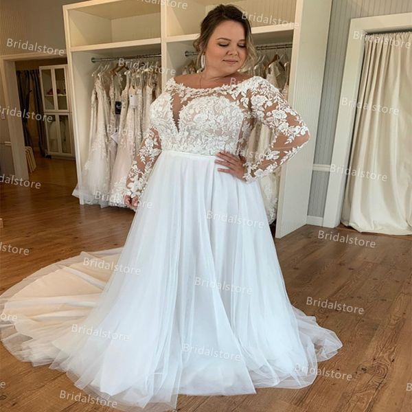 

big white boho wedding dresses with lace long sleeve scoop a line tulle country bridal dress 2021 plus size women floor length appliques boh