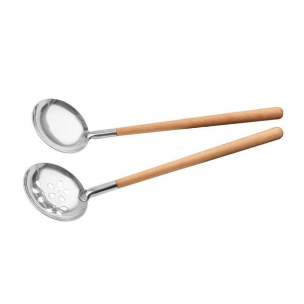 

spoons 2pcs pot ladle stainless steel straining soup spoon with wooden handle