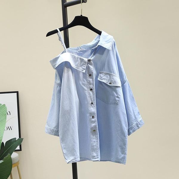 

women's blouses & shirts superaen light blue patchwork denim shirt summer 2021 fashion design off-the-shoulder skew collar asymmetrical, White