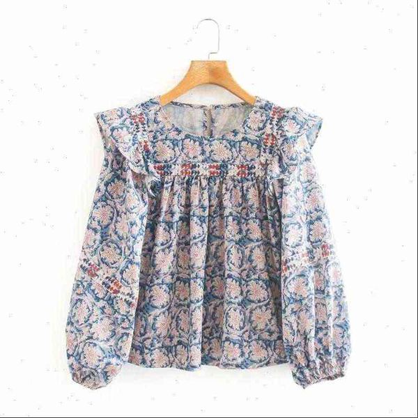 

womens shirt women vintage o neck lantern sleeve floral print embroidery printed blouses loose fashion casual chic za, White