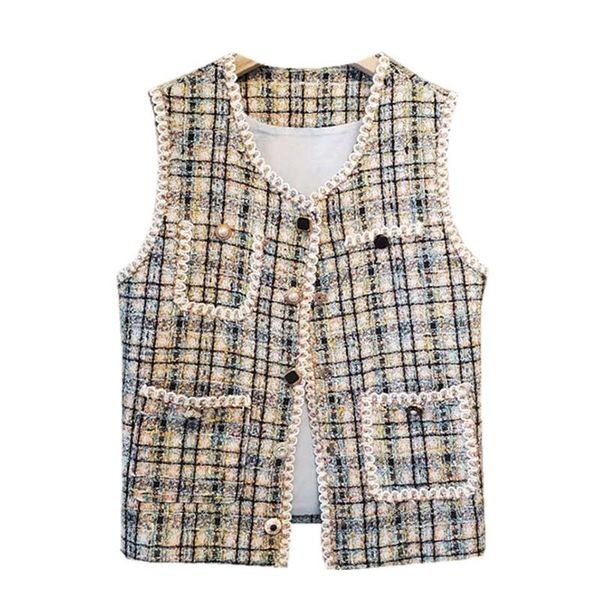 

women's vests autumn winter european vintage chic plaid ladies tweed vest sweet french women jacket sleeveless casual outerwear, Black;white