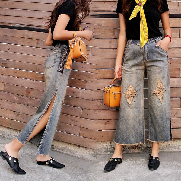 

women's jeans wild hole ankle-length-pants wide leg pants high waist side slit straight pant women loose trousers students, Blue