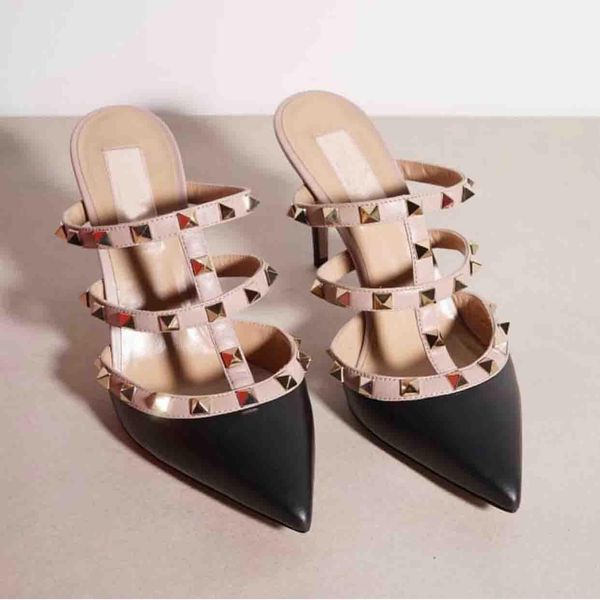 

summer luxurious brands women sandals rock studs high heels rivets strappy slipper pointed toe sandals ladies party wedding dress, Black