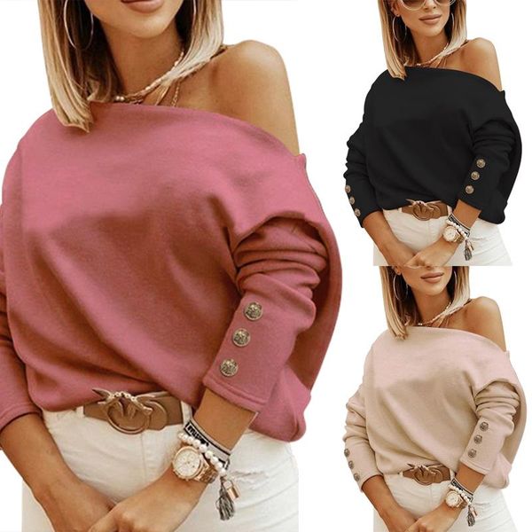 

women sweatshirt autumn winter long sleeve off-shoulder pullover with decorative button casual 2021 fashion for ladies, Black