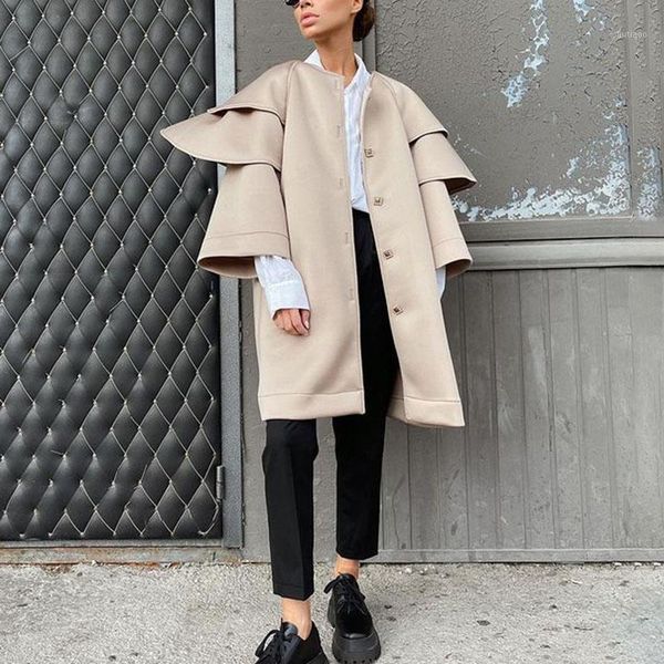 

women's wool & blends novalya loose o neck coats women fashion solid single breasted jackets elegant cascading ruffles female ladies, Black