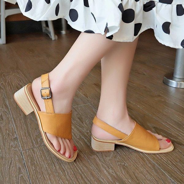 

women summer sandals flip flops women sandals pu suede retro high heels square heel woman buckle shoes plus size 35-42, Black