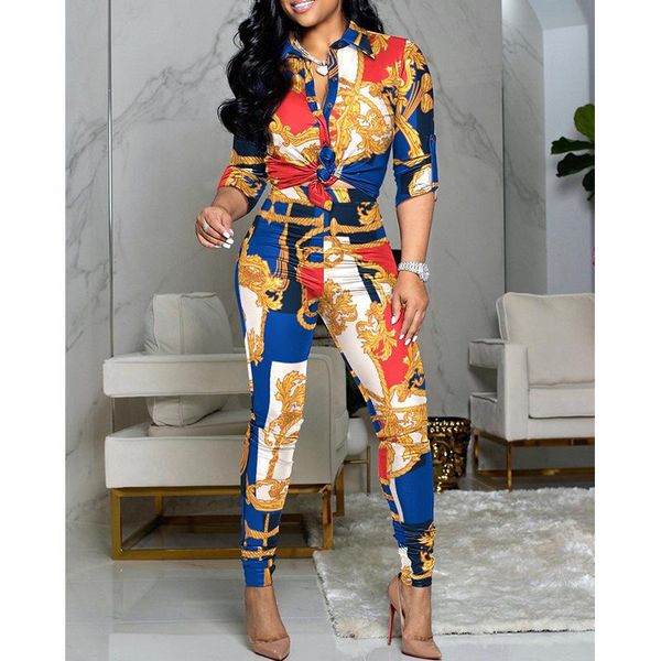 

women's two piece pants autumn women 2 pieces letter print buttoned shirt & high waist set 2021 femme knot front overalls office lady o, White
