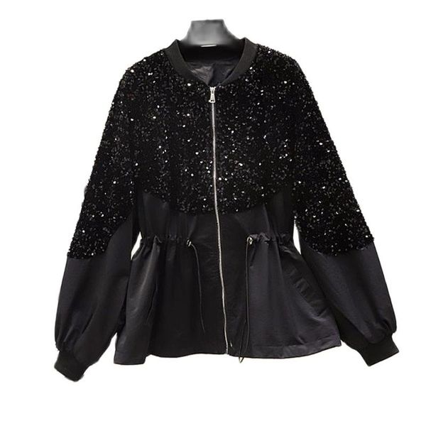 

women's jackets spring & autumn sequins glitter coat 2021 the round neck hooded splicing zipper long sleeve mid-length solid color, Black;brown