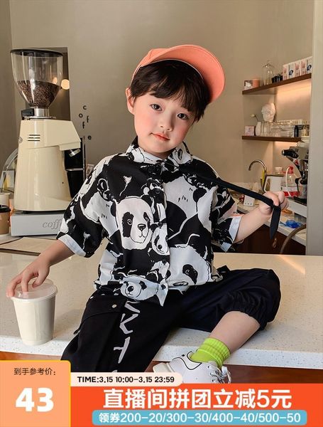 

bb childrens clothing boys panda full printed short sleeved shirt summer children pure cotton spring, White;black