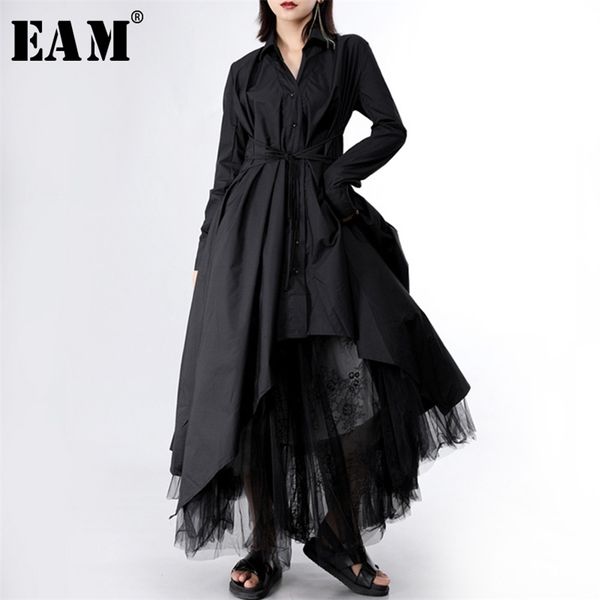 

[eam] 2021 new spring autumn lapel long sleeve button bandage stitch pleated irregular shirt dress women fashion tide 210303, Black;gray